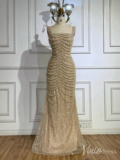 Khaki Beaded String Mermaid Prom Dresses Square Neck Pageant Dress 20220-Evening Dresses 2025 -Viniodress-Khaki-US 2-