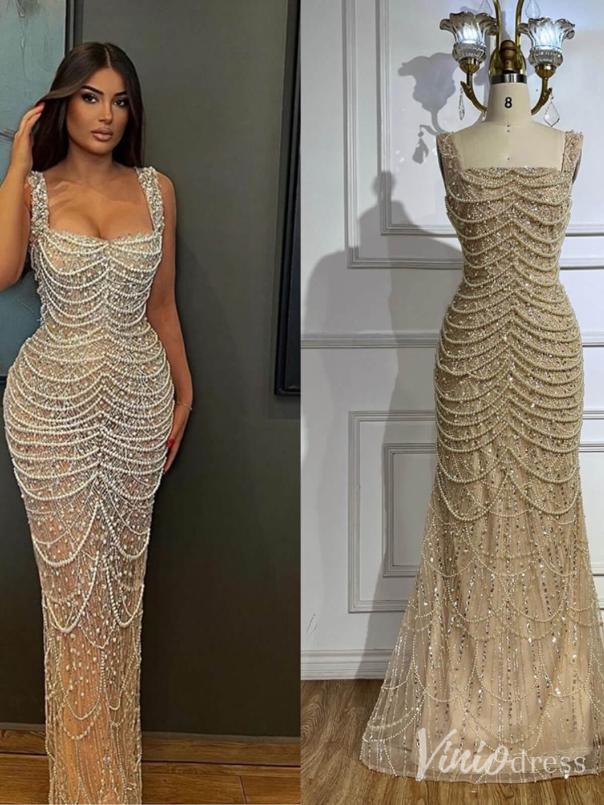 Khaki Beaded String Mermaid Prom Dresses Square Neck Pageant Dress 20220-prom dresses-Viniodress-Viniodress