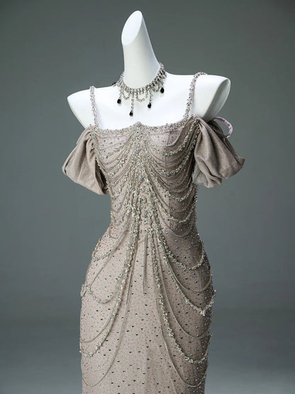 Khaki Ombre Satin Evening Gown with Rhinestone String & Spaghetti Straps - CQ0129-Couture Gown 2025 -Viniodress-Khaki-Custom Size-