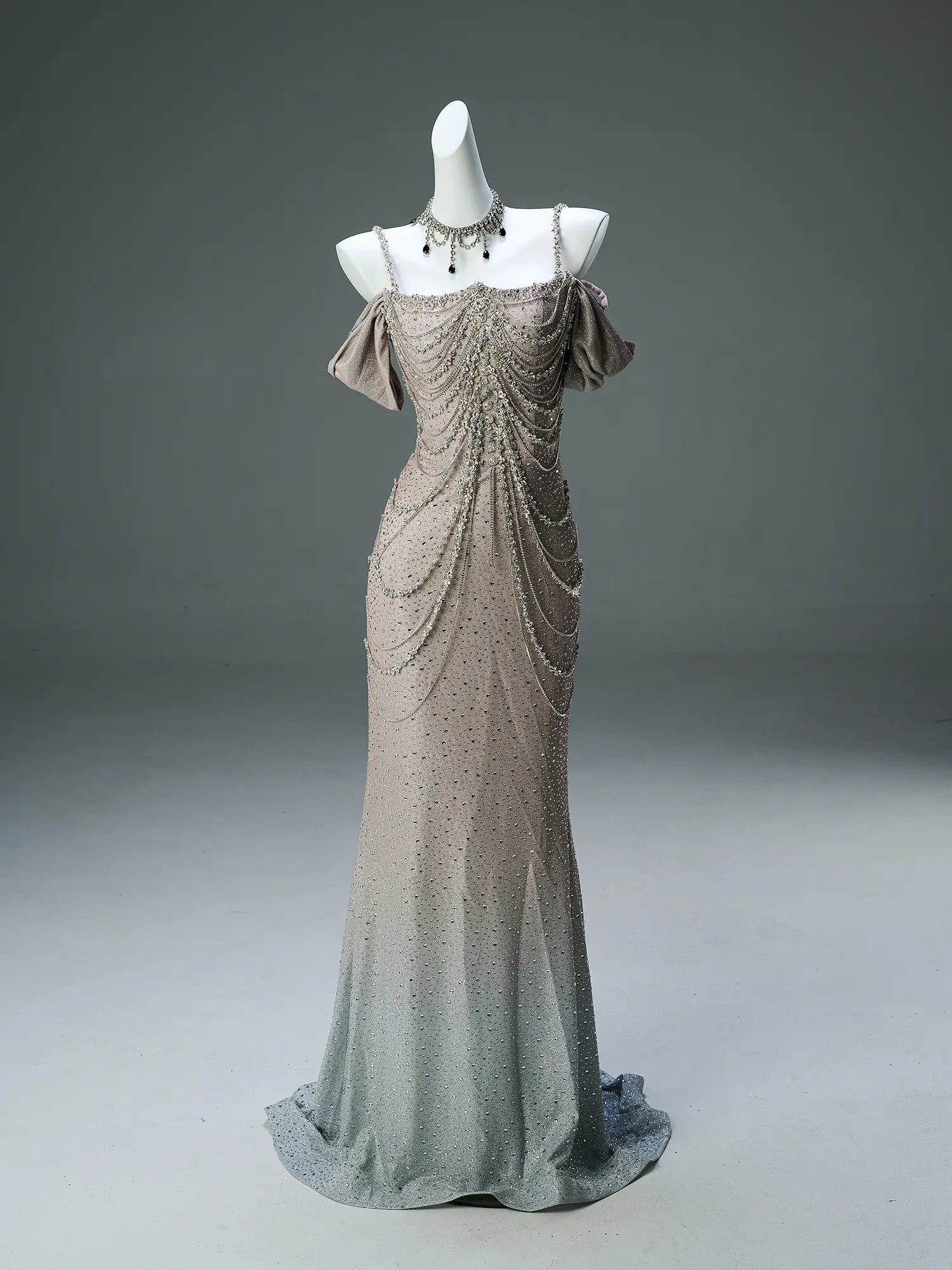 Khaki Ombre Satin Evening Gown with Rhinestone String & Spaghetti Straps - CQ0129-Couture Gown 2025 -Viniodress-Khaki-Custom Size-