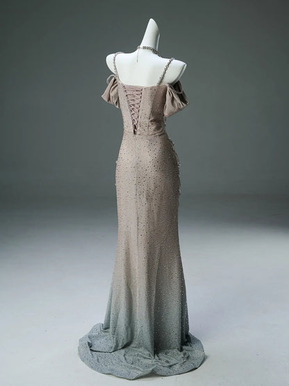 Khaki Ombre Satin Evening Gown with Rhinestone String & Spaghetti Straps - CQ0129-Couture Gown 2025 -Viniodress-Khaki-Custom Size-