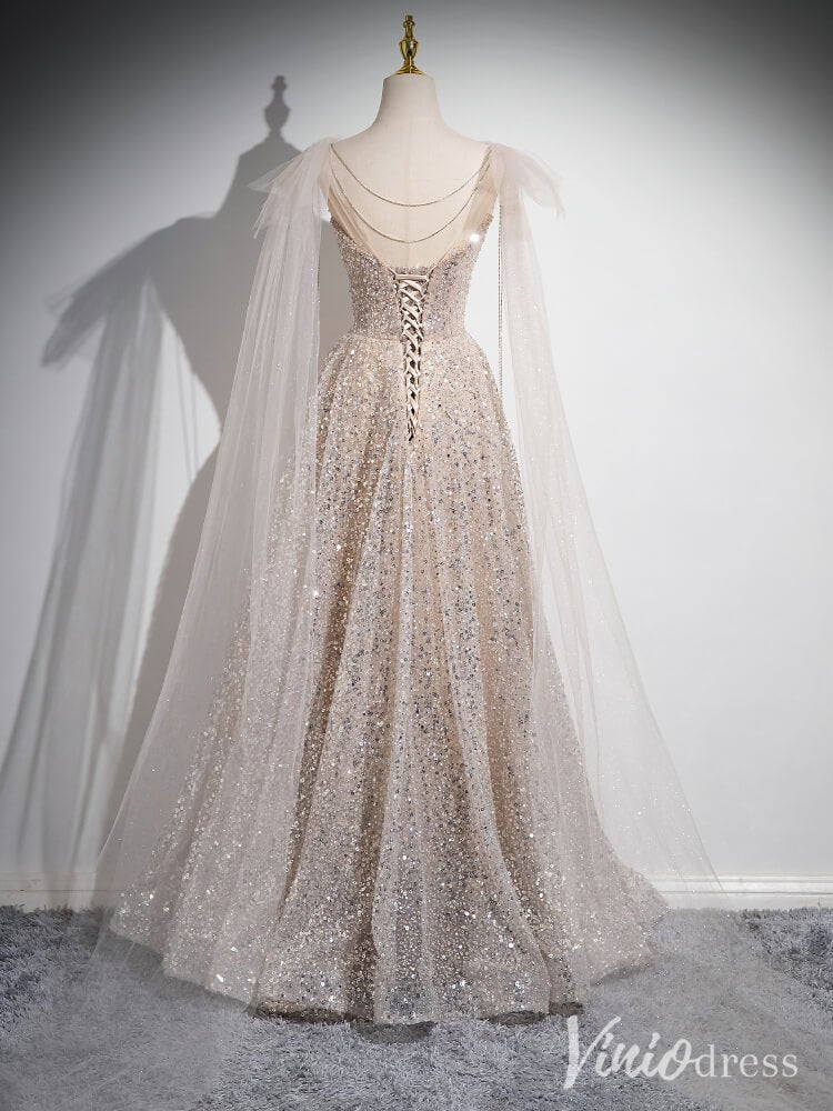 Khaki Sequin Sweetheart Prom Dresses Extra Long Sleeve Evening Dress AD1348-prom dresses 2025 -Viniodress-Khaki-Custom Size-