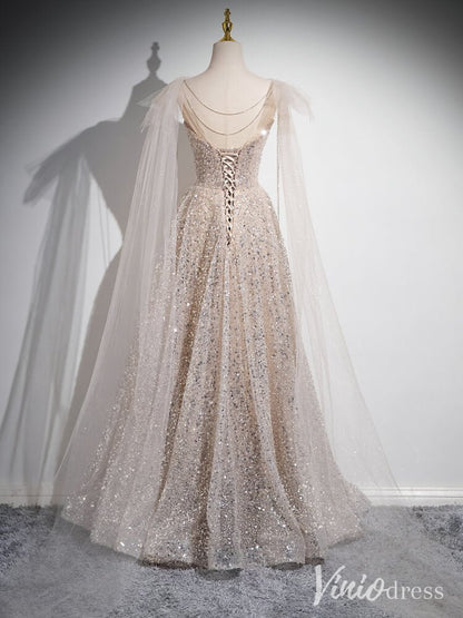 Khaki Sequin Sweetheart Prom Dresses Extra Long Sleeve Evening Dress AD1348-prom dresses 2025 -Viniodress-Khaki-Custom Size-