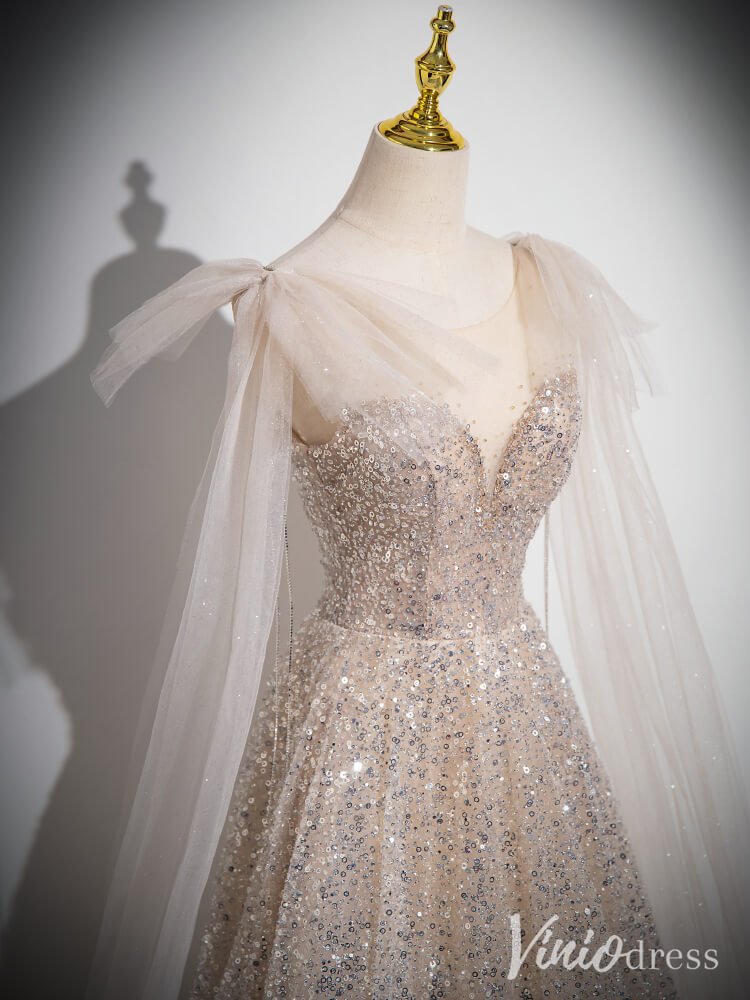 Khaki Sequin Sweetheart Prom Dresses Extra Long Sleeve Evening Dress AD1348-prom dresses 2025 -Viniodress-Khaki-Custom Size-