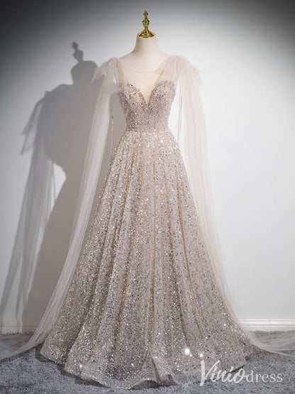 Khaki Sequin Sweetheart Prom Dresses Extra Long Sleeve Evening Dress AD1348-prom dresses 2025 -Viniodress-Khaki-Custom Size-