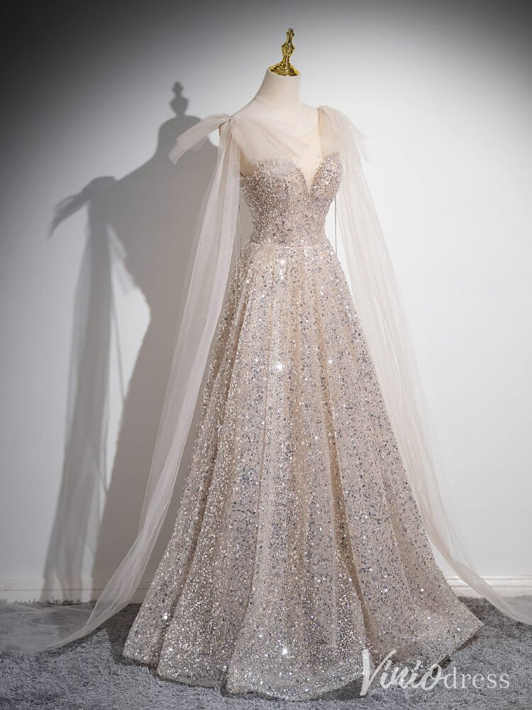 Khaki Sequin Sweetheart Prom Dresses Extra Long Sleeve Evening Dress AD1348-prom dresses 2025 -Viniodress-Khaki-Custom Size-