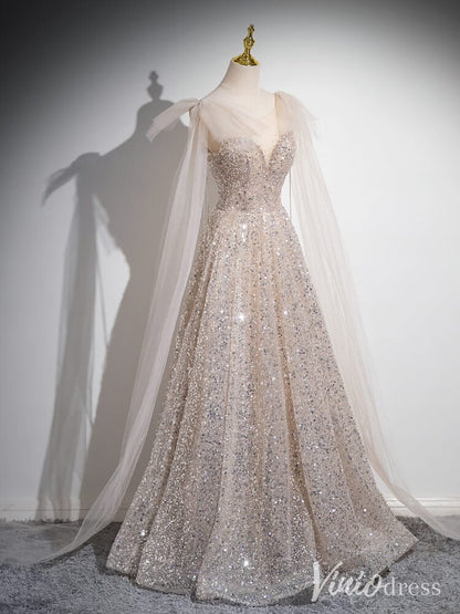 Khaki Sequin Sweetheart Prom Dresses Extra Long Sleeve Evening Dress AD1348-prom dresses 2025 -Viniodress-Khaki-Custom Size-