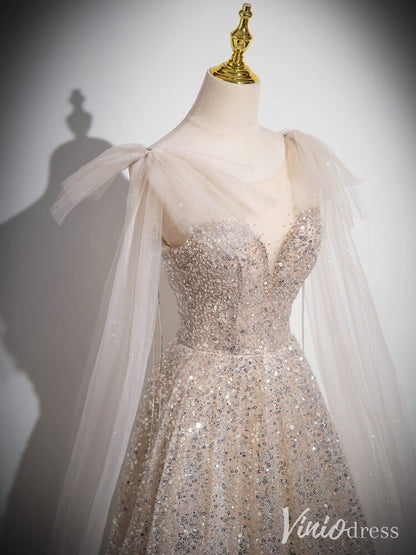 Khaki Sequin Sweetheart Prom Dresses Extra Long Sleeve Evening Dress AD1348-prom dresses 2025 -Viniodress-Khaki-Custom Size-