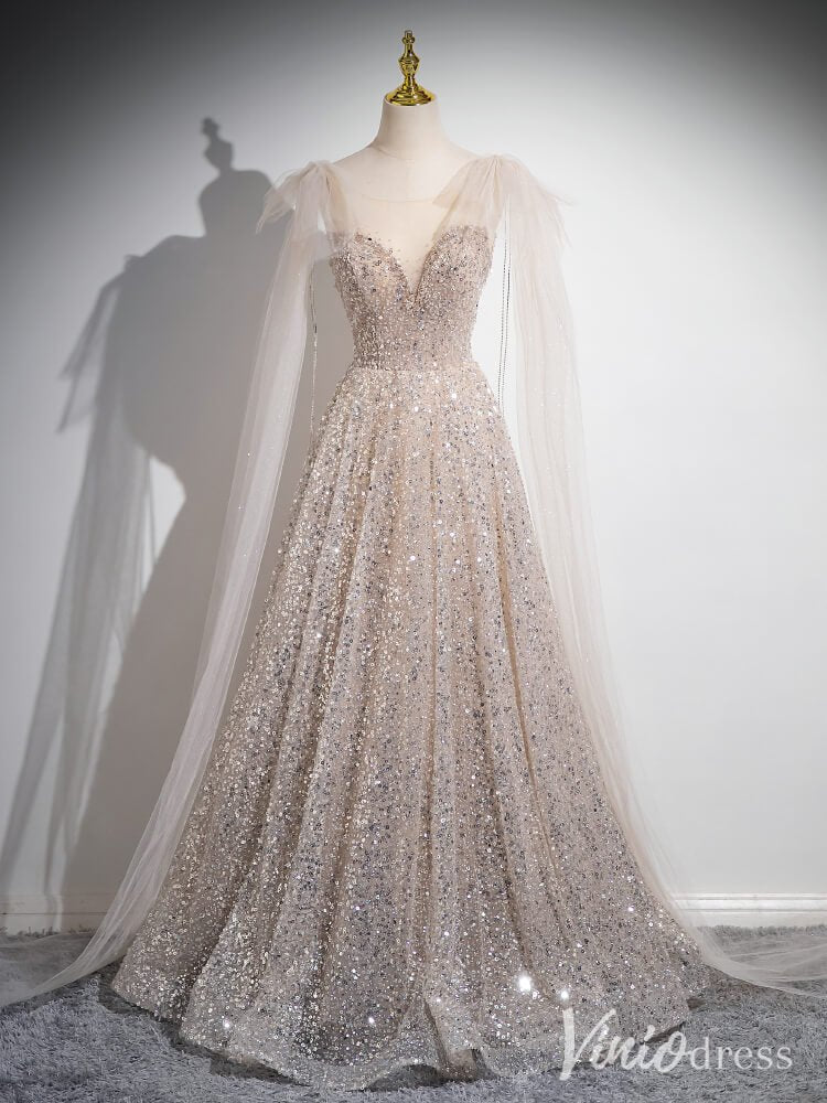 Khaki Sequin Sweetheart Prom Dresses Extra Long Sleeve Evening Dress AD1348-prom dresses 2025 -Viniodress-Khaki-Custom Size-