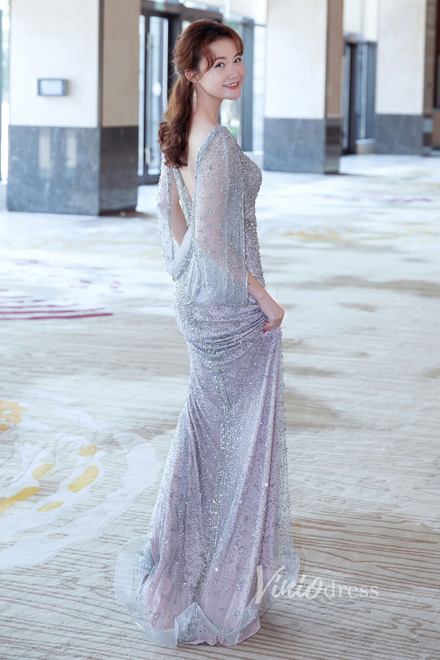 Kimono Sleeve 20s Formal Evening Dress Beaded Prom Dress FD2611B-Evening Dresses 2025 -Viniodress-Silver-US2-