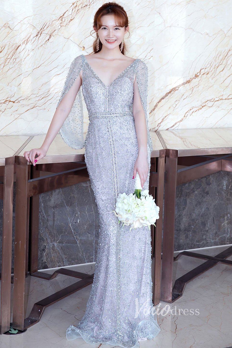 Kimono Sleeve 20s Formal Evening Dress Beaded Prom Dress FD2611B-Evening Dresses 2025 -Viniodress-Silver-US2-