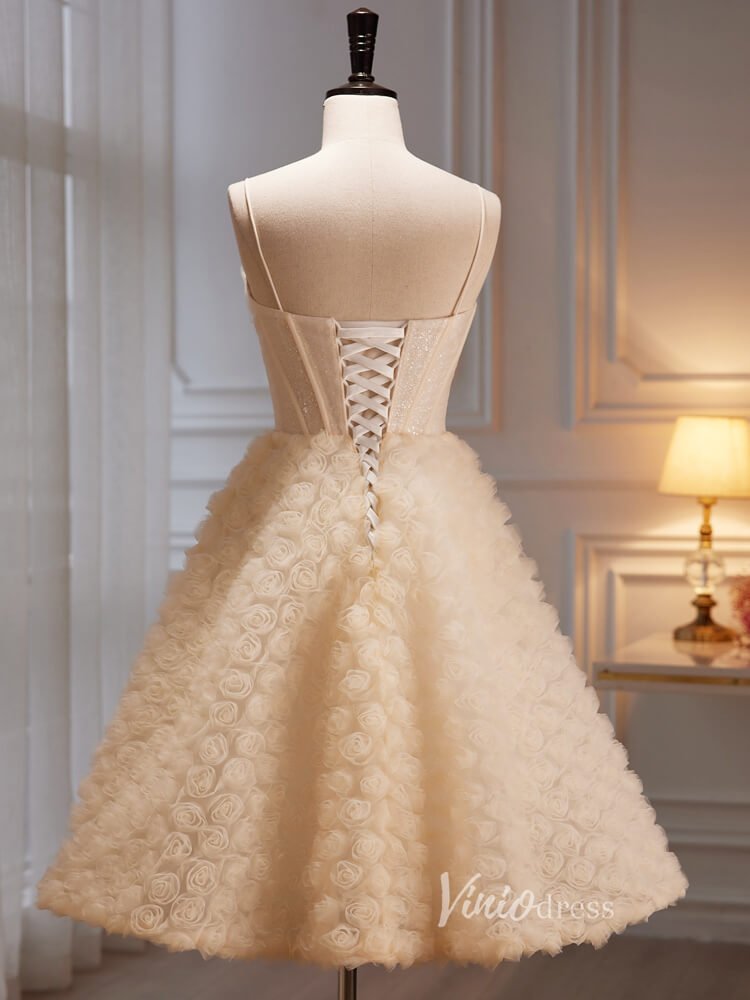 Knee Length Rosette Homecoming Dresses Spaghetti Strap Graduation Dress SD1610-prom dresses 2025 -Viniodress-Champagne-Custom Size-