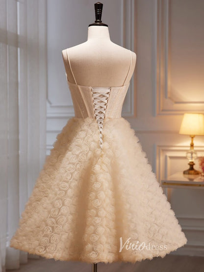 Knee Length Rosette Homecoming Dresses Spaghetti Strap Graduation Dress SD1610-prom dresses 2025 -Viniodress-Champagne-Custom Size-