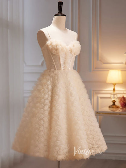 Knee Length Rosette Homecoming Dresses Spaghetti Strap Graduation Dress SD1610-prom dresses 2025 -Viniodress-Champagne-Custom Size-