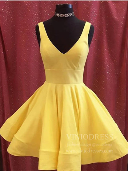 Knee Length Yellow Graduation Dresses for Teens V Neck Hoco Dress SD1273-Homecoming Dresses 2025 -Viniodress-Yellow-Custom Size-