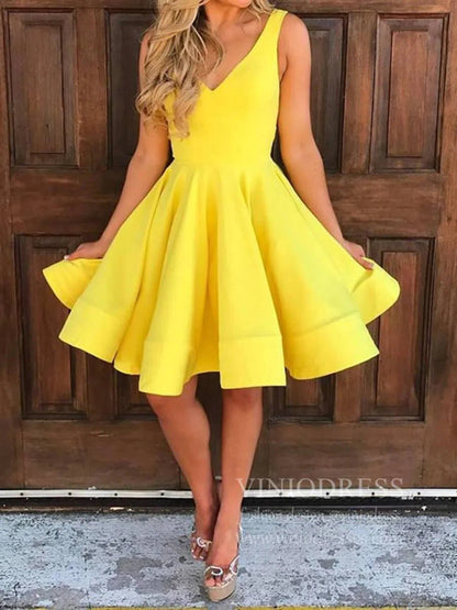 Knee Length Yellow Graduation Dresses for Teens V Neck Hoco Dress SD1273-Homecoming Dresses 2025 -Viniodress-Yellow-Custom Size-