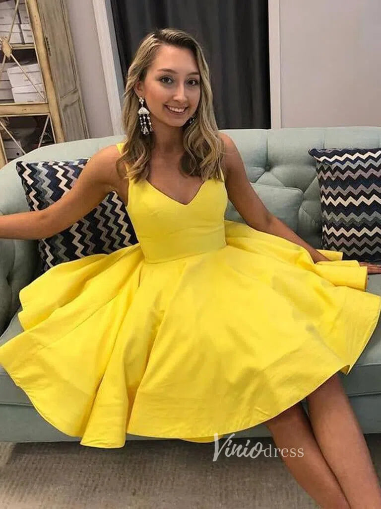 Knee Length Yellow Graduation Dresses for Teens V Neck Hoco Dress SD12 Viniodress Knee Length Yellow Graduation Dresses for Teens V Neck Hoco Dress SD12 Viniodress