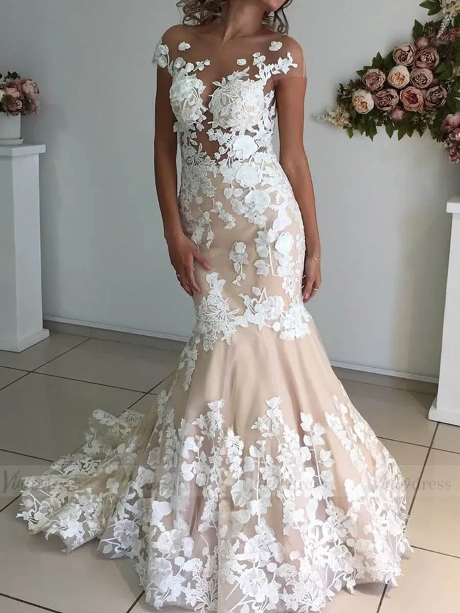 Lace Applique Champagne Mermaid Wedding Dresses Open Back VW1337-wedding dresses 2025 -Viniodress-Champagne-Custom Size-