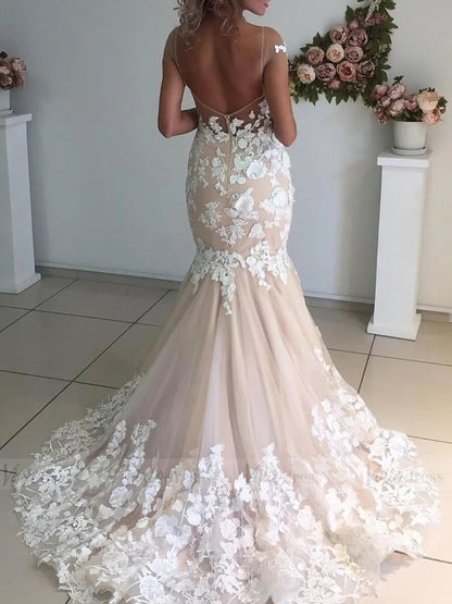 Lace Applique Champagne Mermaid Wedding Dresses Open Back VW1337-wedding dresses 2025 -Viniodress-Champagne-Custom Size-