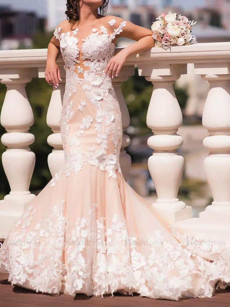 Lace Applique Champagne Mermaid Wedding Dresses Open Back VW1337-wedding dresses 2025 -Viniodress-Champagne-Custom Size-