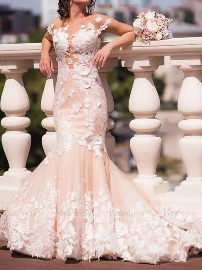 Lace Applique Champagne Mermaid Wedding Dresses Open Back VW1337-wedding dresses 2025 -Viniodress-Champagne-Custom Size-