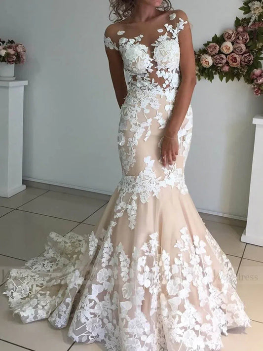 Lace Applique Champagne Mermaid Wedding Dresses Open Back VW1337-wedding dresses 2025 -Viniodress-Champagne-Custom Size-
