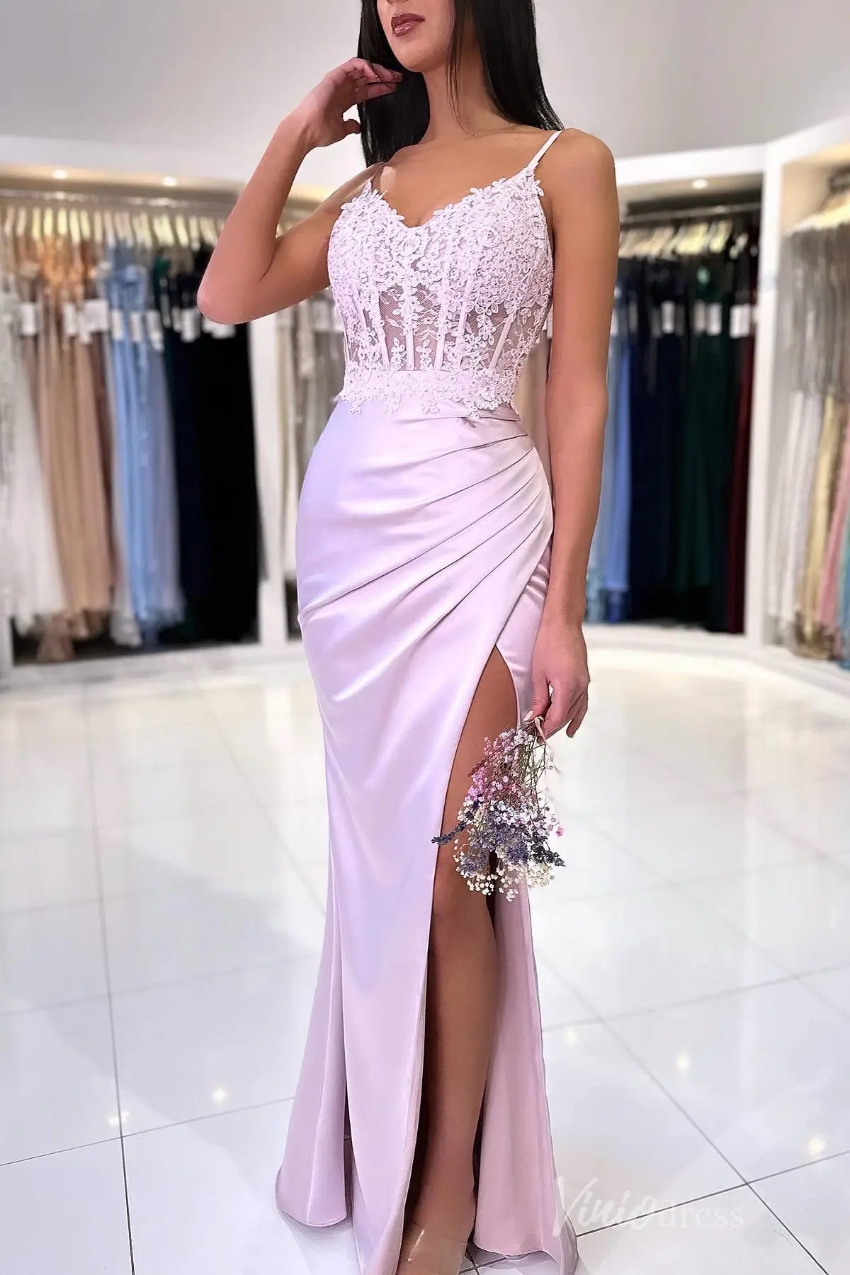 Lace Appliqué Prom Dress with Sheer Corset Bodice, Satin Ruched Skirt, High Slit – SS010-prom dresses 2025 -Viniodress-Lilac-Custom Size-
