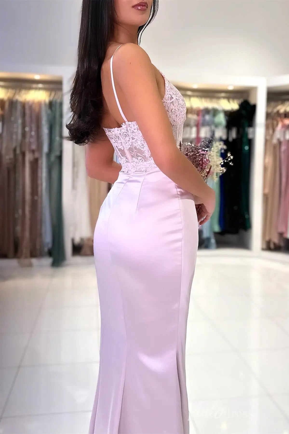 Lace Appliqué Prom Dress with Sheer Corset Bodice, Satin Ruched Skirt, High Slit – SS010-prom dresses 2025 -Viniodress-Lilac-Custom Size-