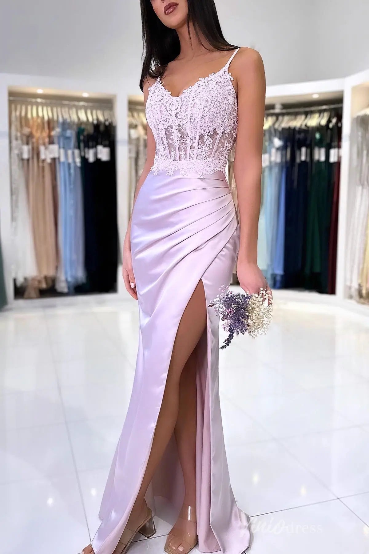 Lace Appliqué Prom Dress with Sheer Corset Bodice, Satin Ruched Skirt, High Slit – SS010-prom dresses 2025 -Viniodress-Lilac-Custom Size-