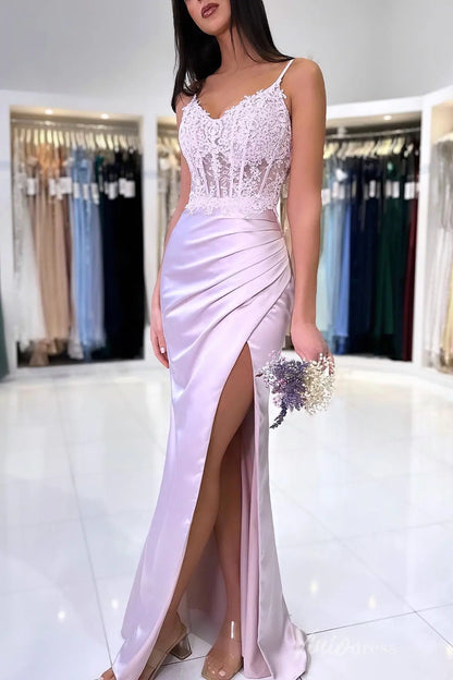 Lace Appliqué Prom Dress with Sheer Corset Bodice, Satin Ruched Skirt, High Slit – SS010-prom dresses 2025 -Viniodress-Lilac-Custom Size-
