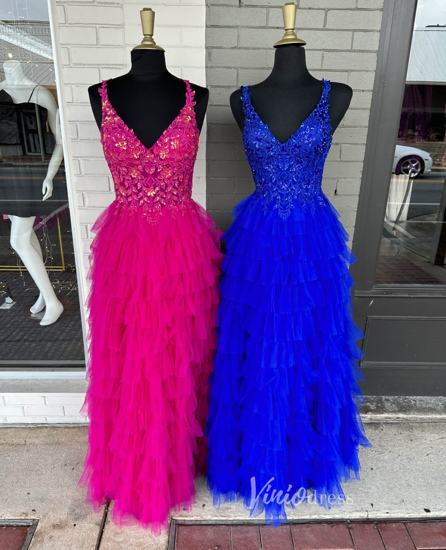 Lace Applique Ruffled Prom Dresses Spaghetti Strap V-Neck Evening Dress FD3604-prom dresses-Viniodress-Fuchsia-Custom Size-Viniodress