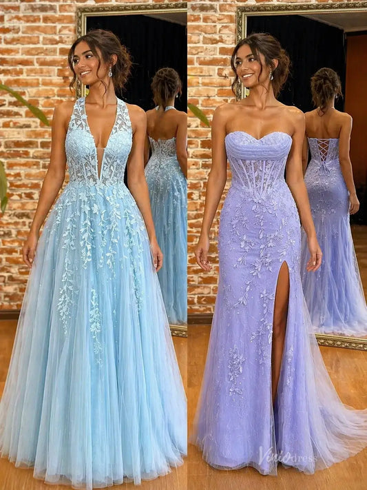 Lace Applique Tulle Prom Dress with A-Line V Neck or Strapless Mermaid Slit – TU024-prom dresses 2026-Viniodress-Lavender-US 0-