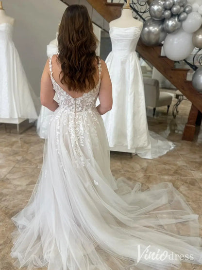 Lace Appliqué Wedding Dress with Spaghetti Straps, Backless Design, and Chapel Train – LA103-wedding dresses 2025 -Viniodress-Ivory-Custom Size-