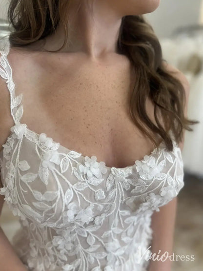 Lace Appliqué Wedding Dress with Spaghetti Straps, Backless Design, and Chapel Train – LA103-wedding dresses 2025 -Viniodress-Ivory-Custom Size-