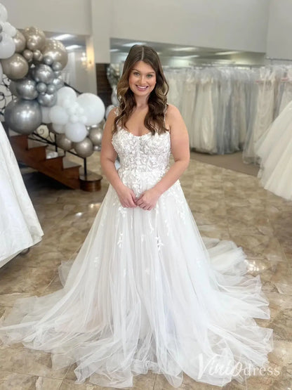 Lace Appliqué Wedding Dress with Spaghetti Straps, Backless Design, and Chapel Train – LA103-wedding dresses 2025 -Viniodress-Ivory-Custom Size-