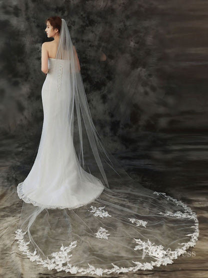 Lace Appliqued 1 Tier Cathedral Veil Viniodress TS1911-Bridal Veil 2025 -Viniodress-Ivory-