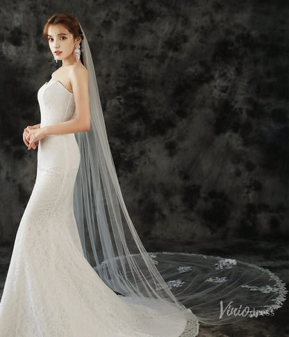 Lace Appliqued 1 Tier Cathedral Veil Viniodress TS1911-Bridal Veil 2025 -Viniodress-Ivory-