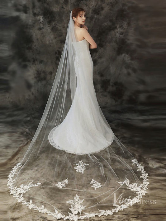 Lace Appliqued 1 Tier Cathedral Veil Viniodress TS1911-Bridal Veil 2025 -Viniodress-Ivory-