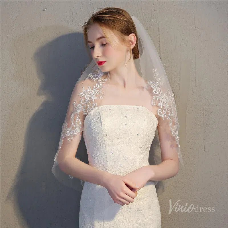 Lace Appliqued 2 Tier Bridal Veil Viniodress TS17150-Bridal Veil 2025 -Viniodress-Ivory-