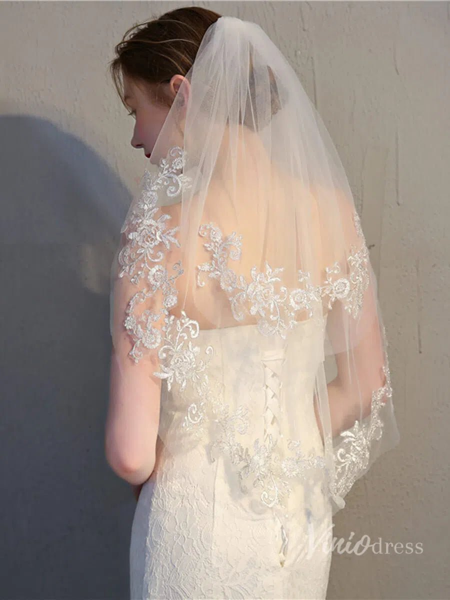 Lace Appliqued 2 Tier Bridal Veil Viniodress TS17150-Bridal Veil 2025 -Viniodress-Ivory-