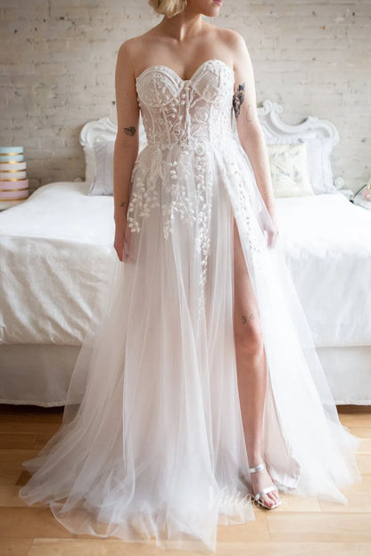 Lace Appliqued A-line Wedding Dress with Slit Strapless VW1160-wedding dresses 2025 -Viniodress-Ivory-Custom Size-