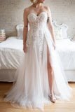 Lace Appliqued A-line Wedding Dress with Slit Strapless VW1160-wedding dresses-Viniodress-Viniodress