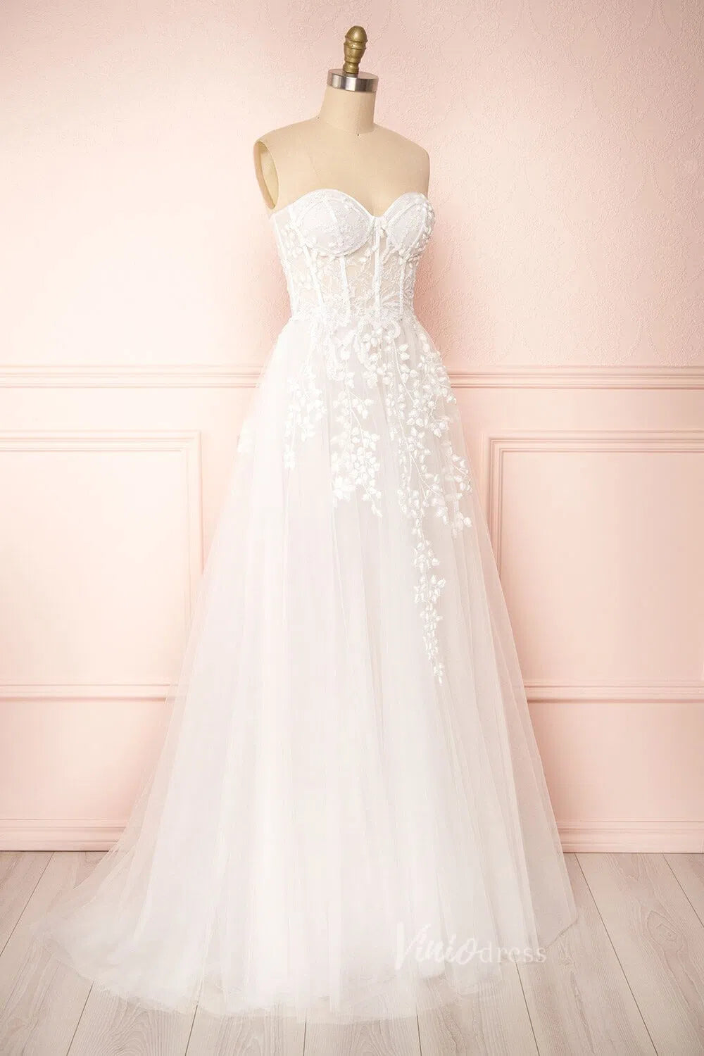 Lace Appliqued A-line Wedding Dress with Slit Strapless VW1160-wedding dresses-Viniodress-Viniodress