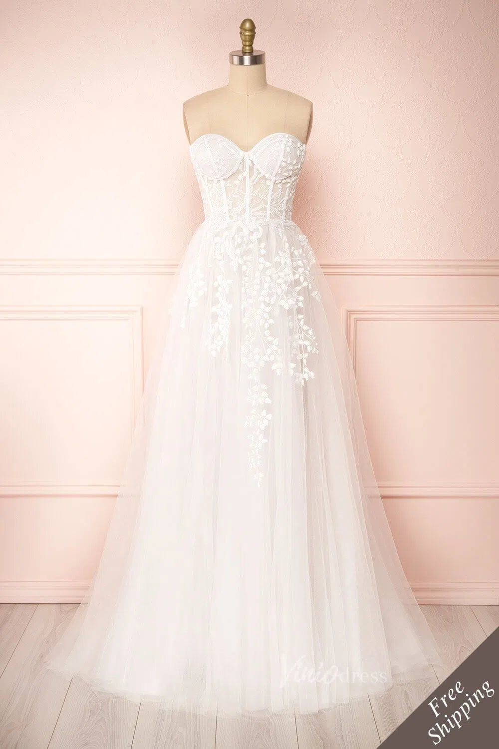 Lace Appliqued A-line Wedding Dress with Slit Strapless VW1160-wedding dresses-Viniodress-Ivory-Custom Size-Viniodress