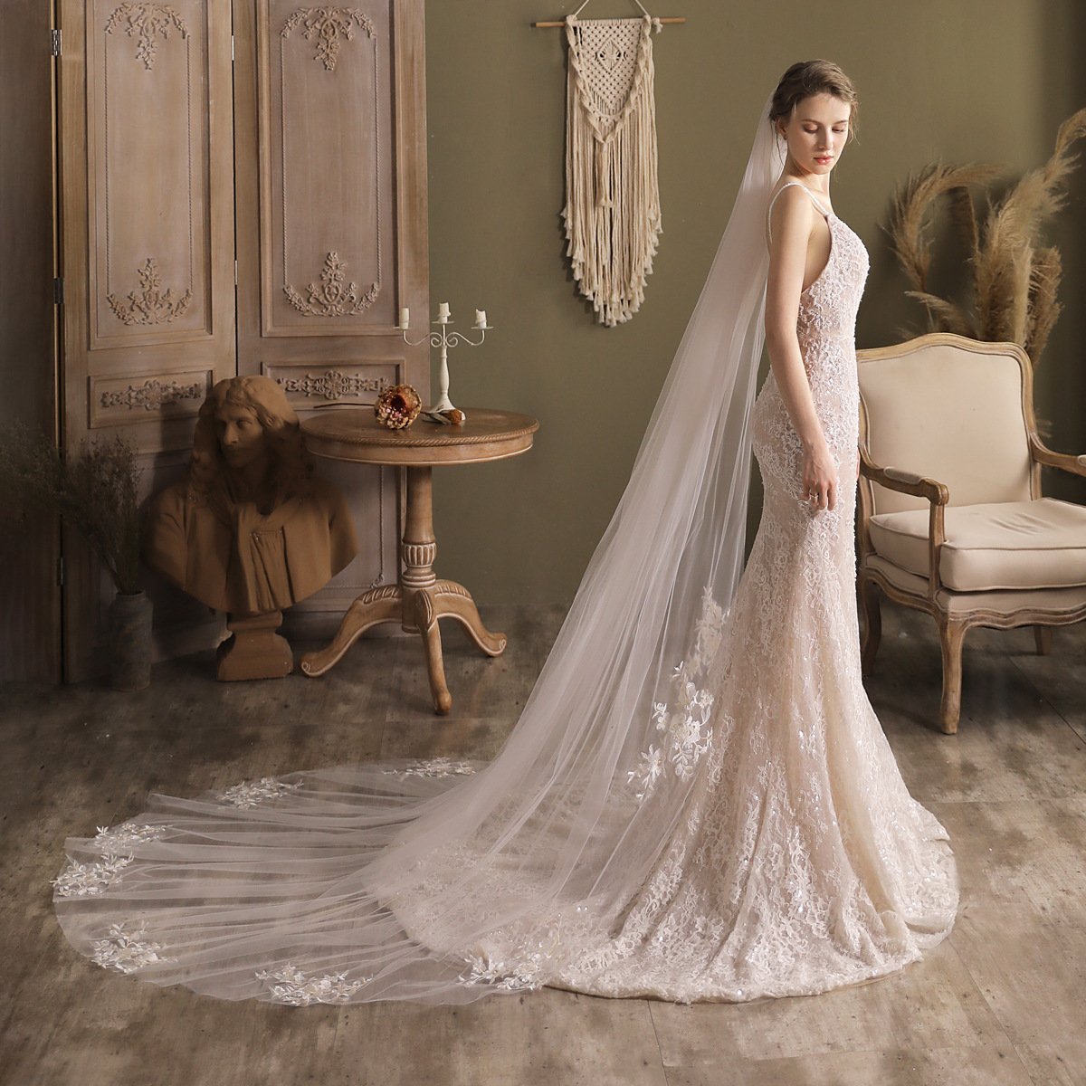 Lace Appliqued Cathedral Bridal Veil-Bridal Veil 2025 -Viniodress-Ivory-