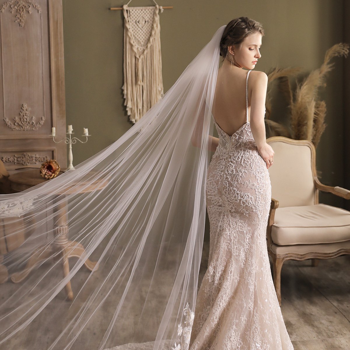 Lace Appliqued Cathedral Bridal Veil-Bridal Veil 2025 -Viniodress-Ivory-