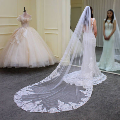 Lace Appliqued Cathedral Length Mantilla Veil Viniodress V689-Bridal Veil 2025 -Viniodress-Ivory-