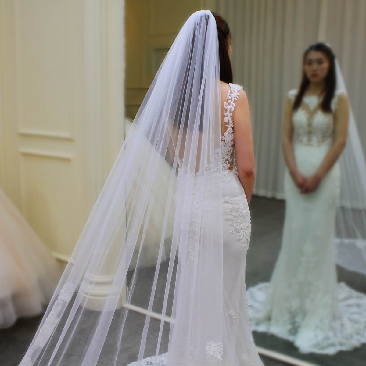 Lace Appliqued Cathedral Length Mantilla Veil Viniodress V689-Bridal Veil 2025 -Viniodress-Ivory-