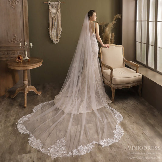 Lace Appliqued Cathedral Veil Petal Hem Veil-Accessories 2025 -Viniodress-Ivory-