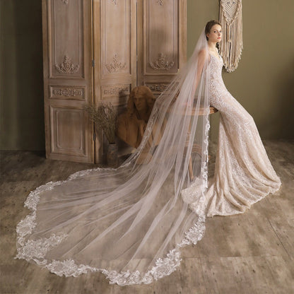 Lace Appliqued Cathedral Veil Petal Hem Veil-Accessories 2025 -Viniodress-Ivory-